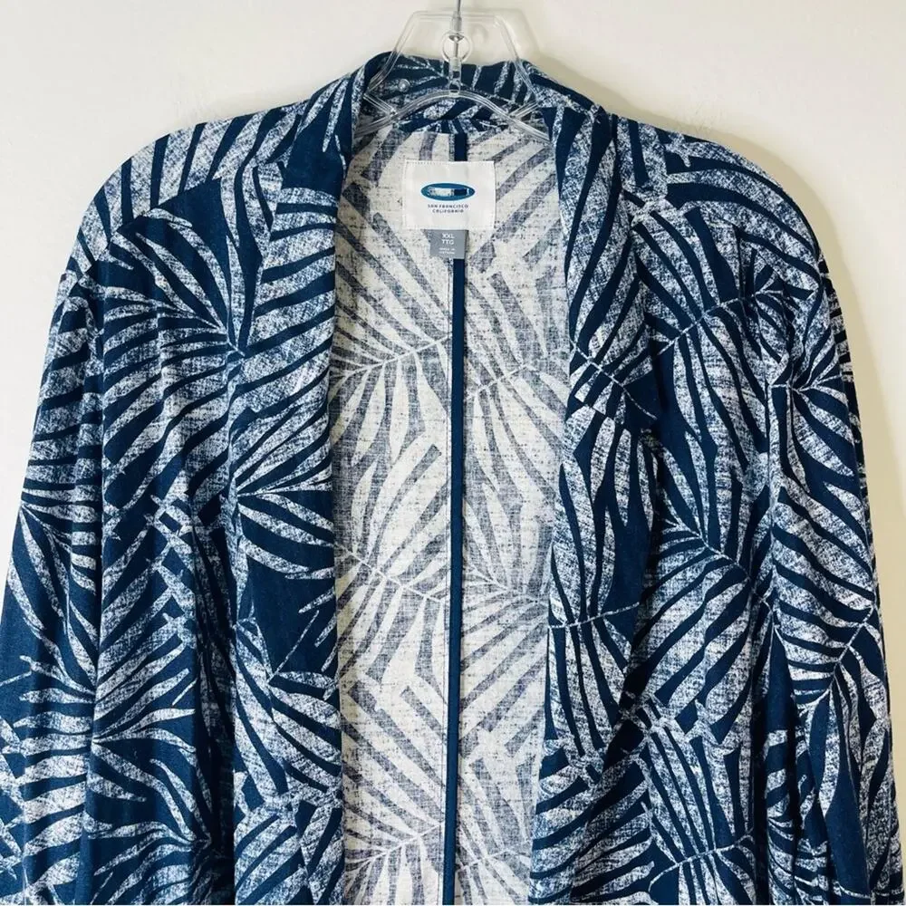 Old Navy blue white palm tropical linen lightweight open jacket XXL